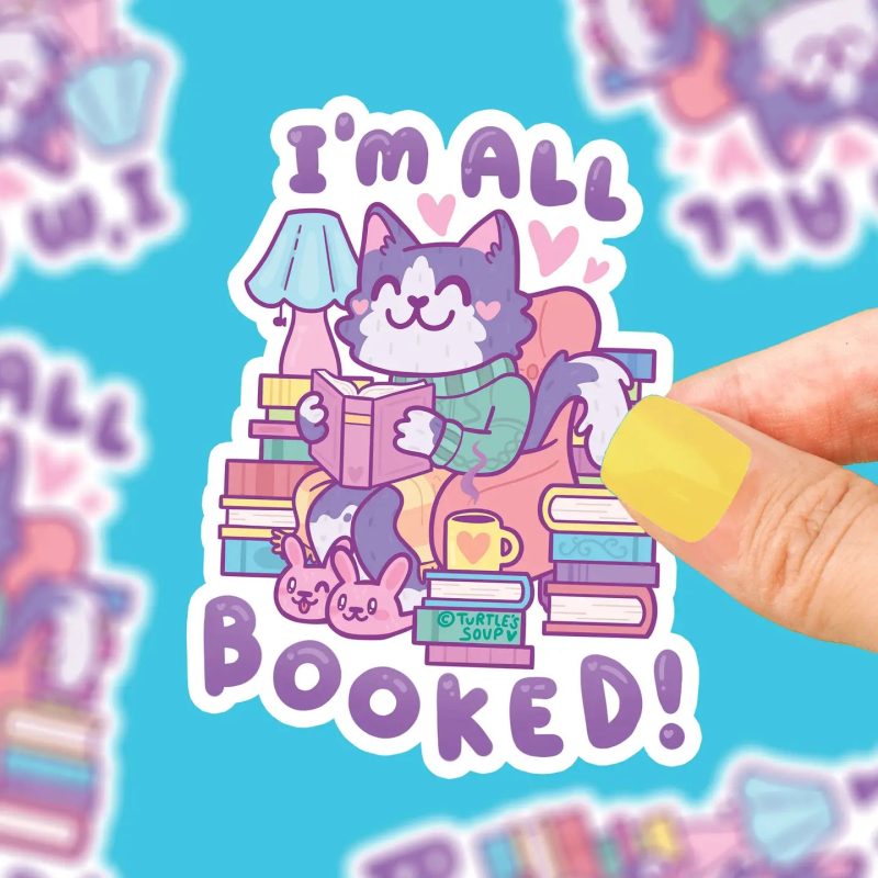 I mAllBookedUpCatReadingBooksLiteraryVinylStickerturtle ssoup