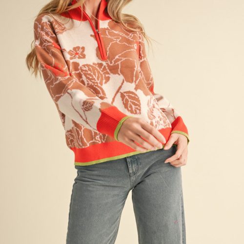 Orange TaupeFloralMockZipSweater5