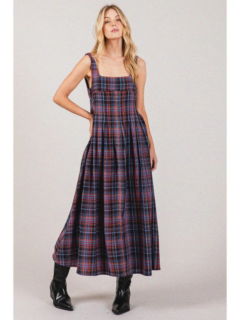 PlaidCottonSquareNeckSmockingBackMidiDresslaradaisy