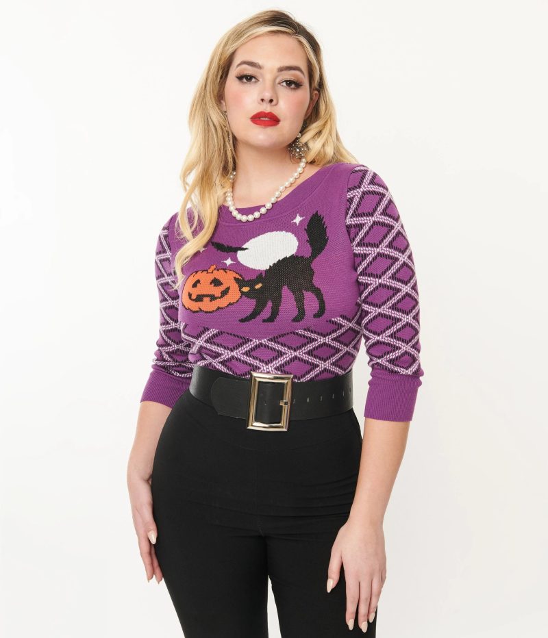 SmakParlourPurplePlaid BlackCatSweater