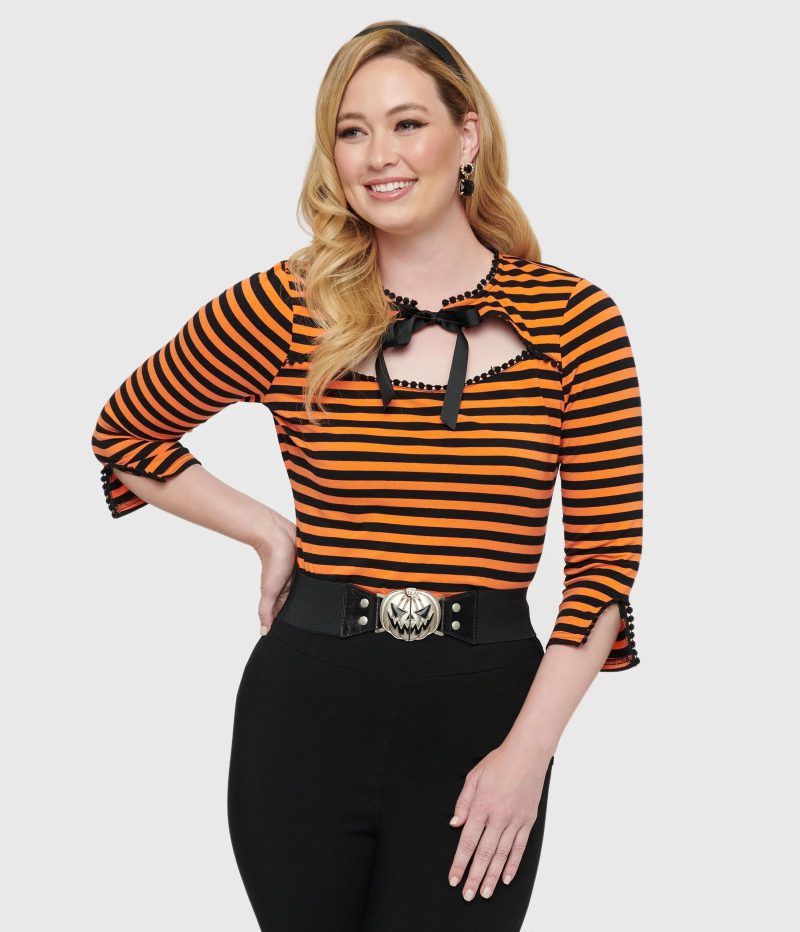 UniqueVintage1950sOrange BlackStripeCutoutNeckTieTop