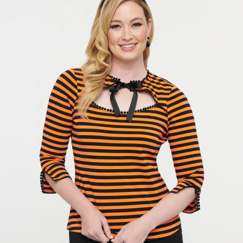 UniqueVintage1950sOrange BlackStripeCutoutNeckTieTop3