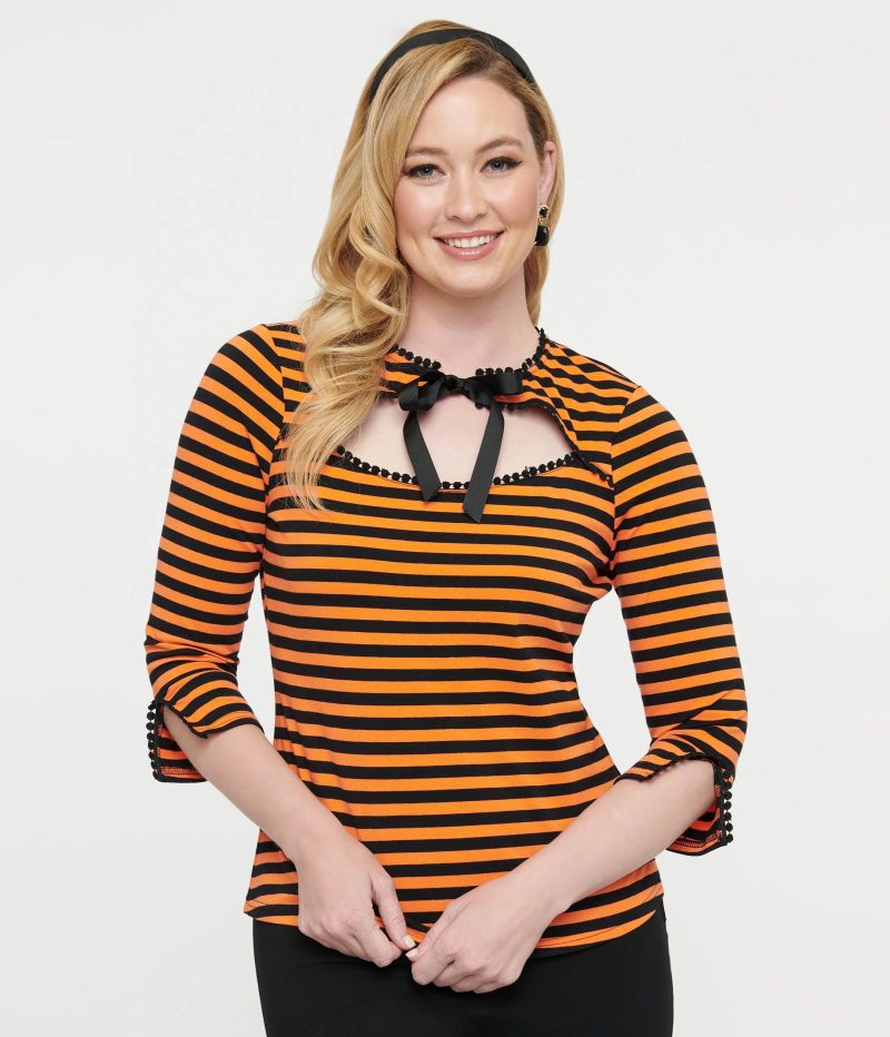 UniqueVintage1950sOrange BlackStripeCutoutNeckTieTop3