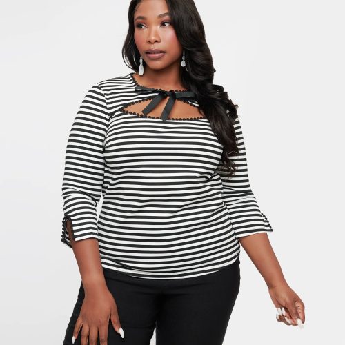 UniqueVintagePlusSize1950sBlack WhiteStripeCutoutNeckTieTop3