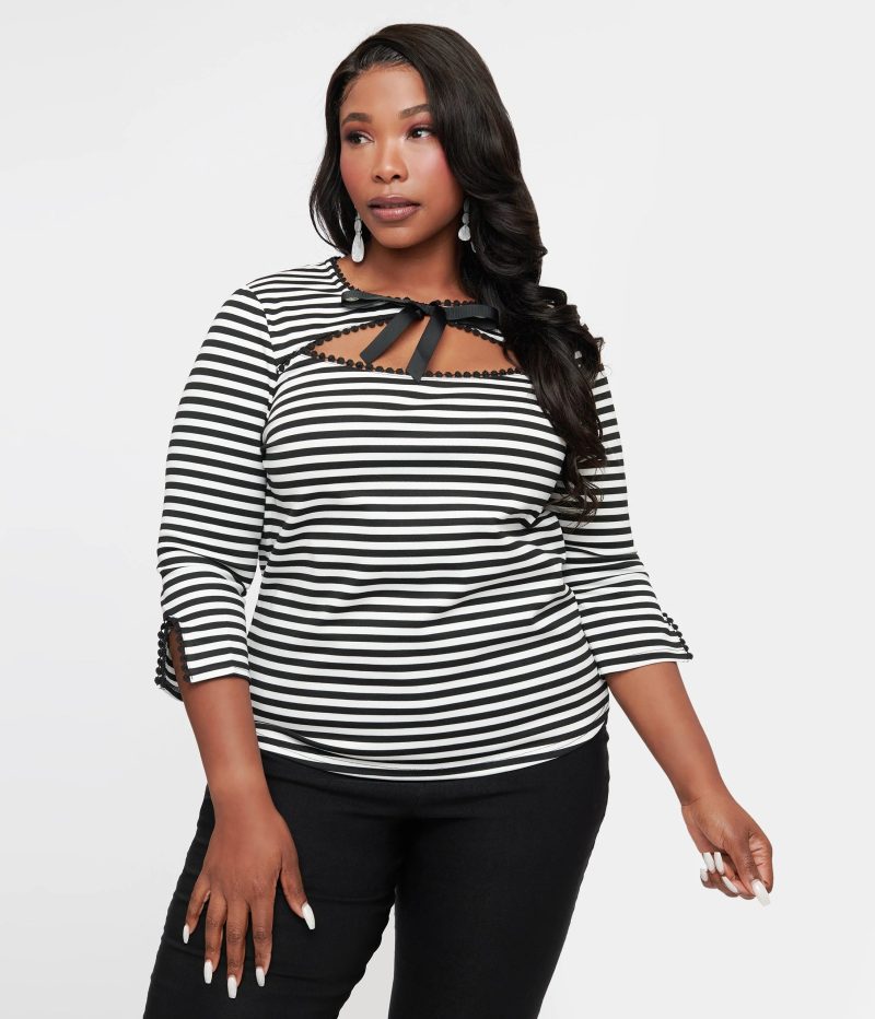 UniqueVintagePlusSize1950sBlack WhiteStripeCutoutNeckTieTop3