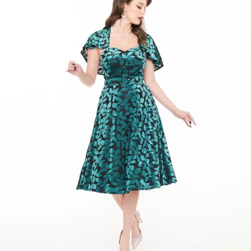 UniqueVintagePlusSize1950sTeal BlackVelvetBurnoutCapeletSwingDress4