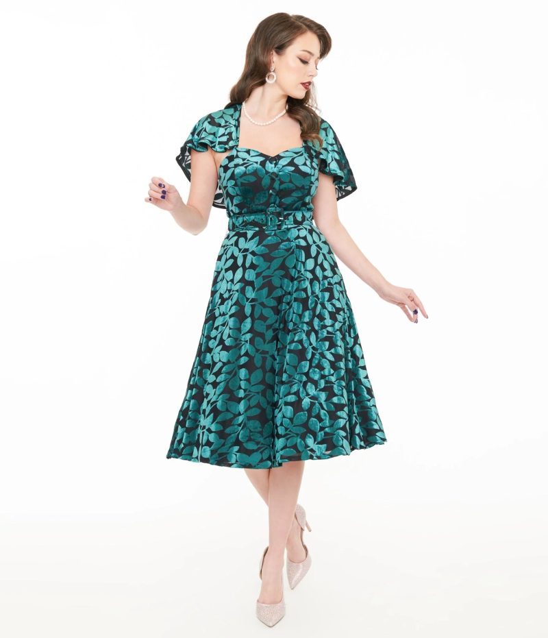 UniqueVintagePlusSize1950sTeal BlackVelvetBurnoutCapeletSwingDress4