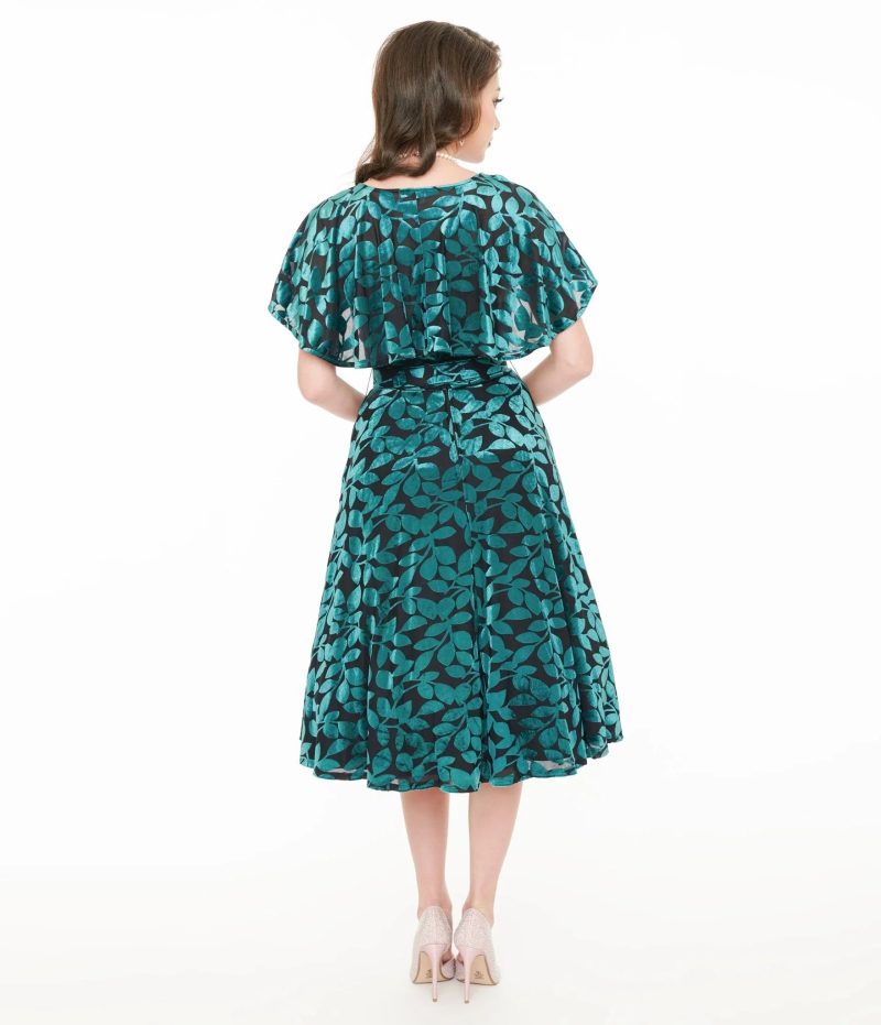 UniqueVintagePlusSize1950sTeal BlackVelvetBurnoutCapeletSwingDress5