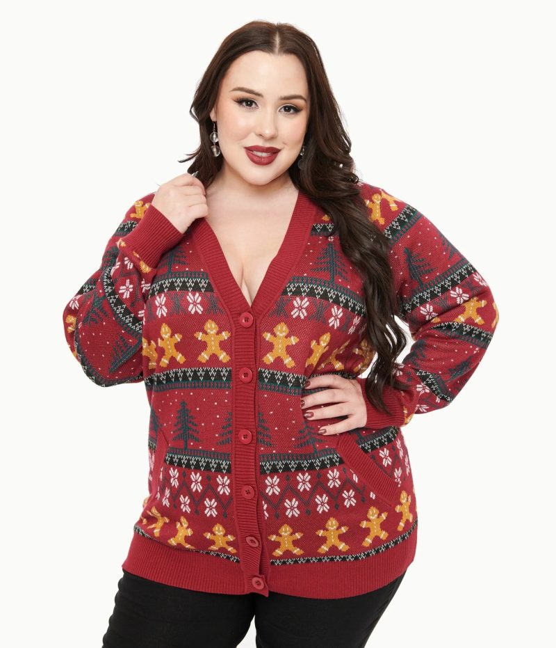 UniqueVintagePlusSize1960sBurgundyGingerbreadFairIsleCardigan