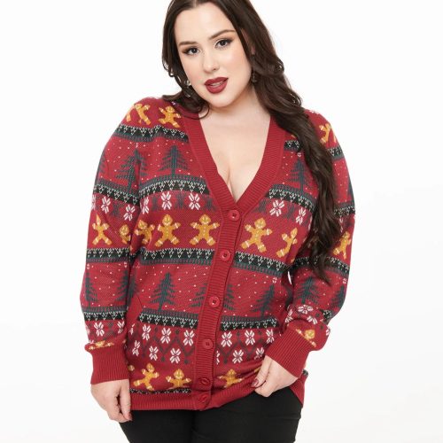 UniqueVintagePlusSize1960sBurgundyGingerbreadFairIsleCardigan3