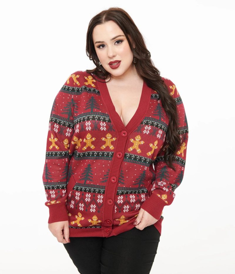 UniqueVintagePlusSize1960sBurgundyGingerbreadFairIsleCardigan3