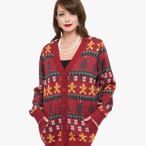 UniqueVintagePlusSize1960sBurgundyGingerbreadFairIsleCardigan4