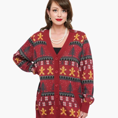 UniqueVintagePlusSize1960sBurgundyGingerbreadFairIsleCardigan6