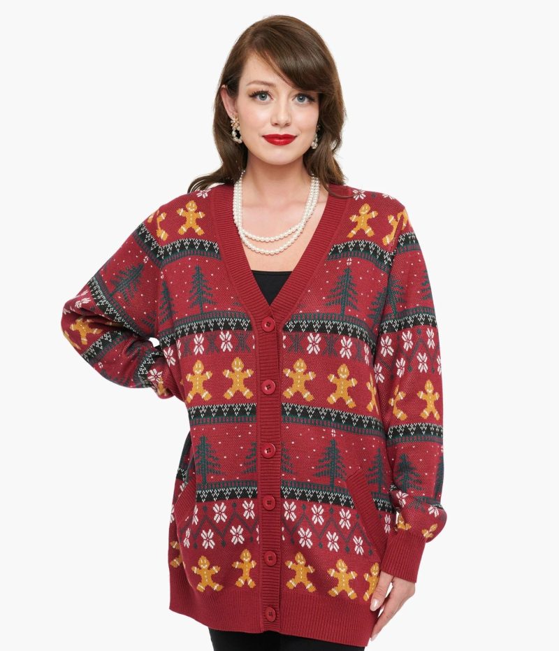 UniqueVintagePlusSize1960sBurgundyGingerbreadFairIsleCardigan6