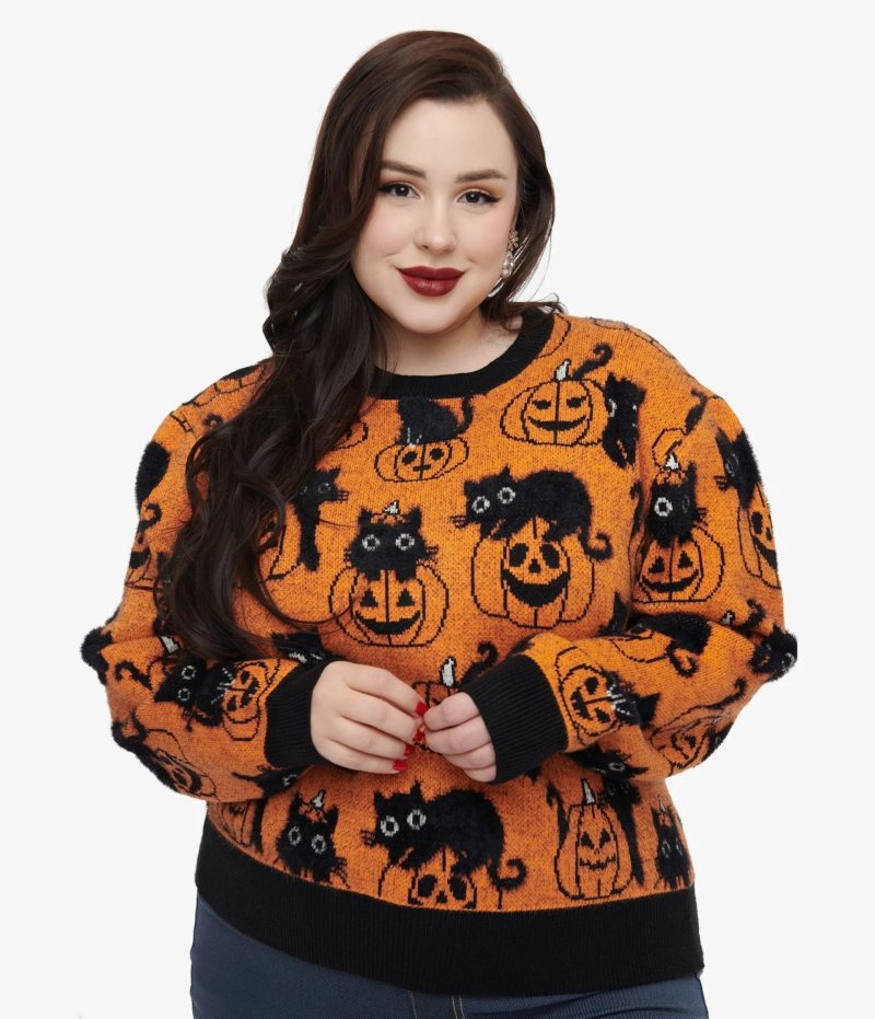 UniqueVintagePlusSizeOrangePumpkin BlackCatPrintSweater