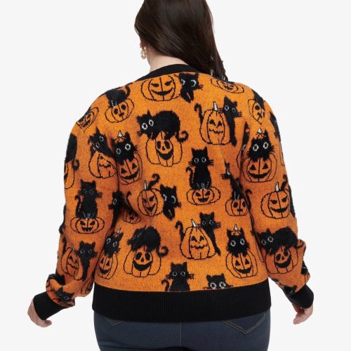 UniqueVintagePlusSizeOrangePumpkin BlackCatPrintSweater2