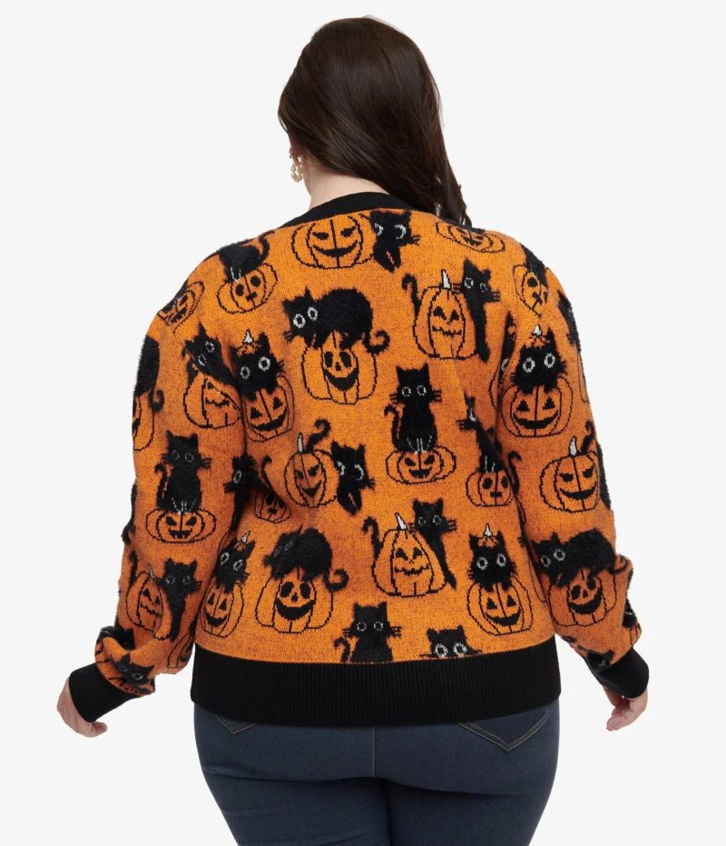 UniqueVintagePlusSizeOrangePumpkin BlackCatPrintSweater2