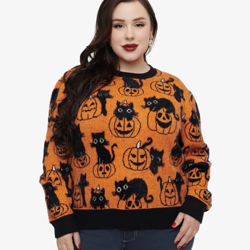 UniqueVintagePlusSizeOrangePumpkin BlackCatPrintSweater3