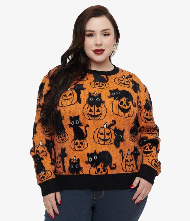 UniqueVintagePlusSizeOrangePumpkin BlackCatPrintSweater3